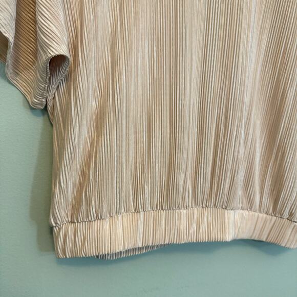 Topshop Plisse Batwing Splitback Top Womens 8 Tan Blouse Mock Neck Short Sleeve - Picture 5 of 10